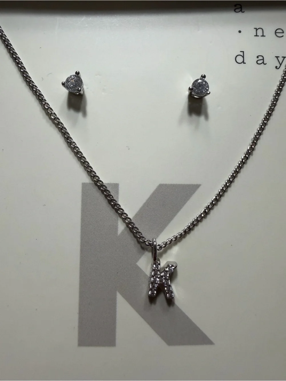 a new day Silver Plated 'K' Cubic Zirconia Necklace & Stud Earrings Set - Silver